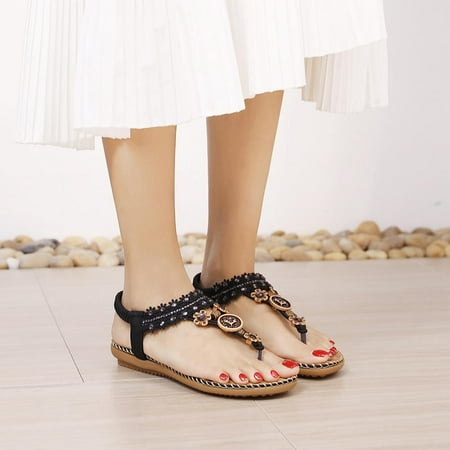 

Ipretty Women s Summer Boho Flat Sandals Bohemian Beaded Dress Shoes Casual Flat Ankle T-strap Shoes Beach Oceanside Outdoor Summer Shoe for Vacation everywhere