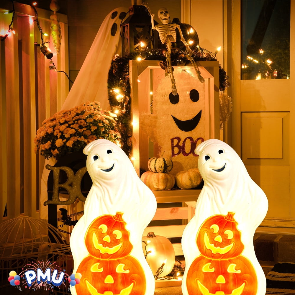 PMU Halloween Ghost with Pumpkins - Jack-O-Lantern Blow Mold Light-Up Decoration - Perfect for Halloween, Home, Yard, Indoor & Outdoor Decor Pkg/1