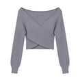 thumbnail image 4 of SHENGXINY Women Cross V Neck Off Shoulder Knitted Sweaters Long Sleeve Oversized Jumper Casual Fashion Top for Fall Winter Gray M, 4 of 6