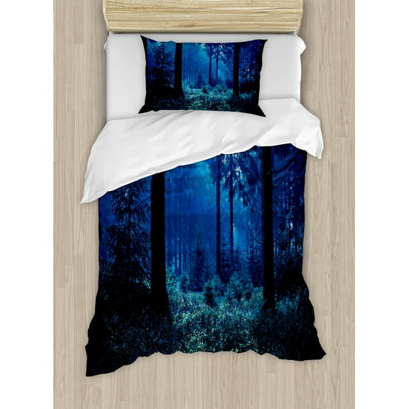 Night Duvet Cover Set, Misty Nature Scene of Autumn Forest in Thuringia Germany Tranquil Woodland, Decorative 2 Piece Bedding Set with 1 Pillow Shams, Twin Size, Blue Green White, by Ambesonne