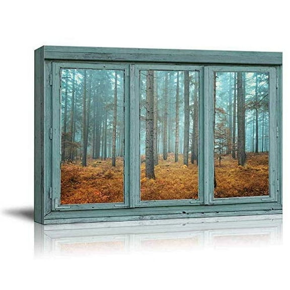 wall26 - Vintage Teal Window Looking Out Into a Blue Foggy Forest During Fall Time - Canvas Art Home Art - 24x36 inches