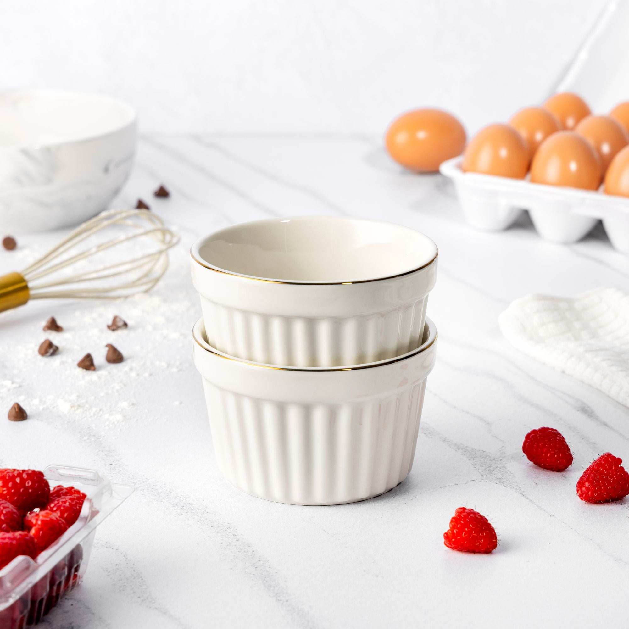 Thyme & Table Stoneware Ramekin Set, 2-Piece, 10 oz, White Ribbed