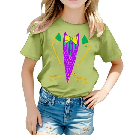 Glisme Girls Tops Size 6-7 Years Printed Round Neck Short Sleeved T Shirt Casual Top Lightweight Light Green Graphic Tee