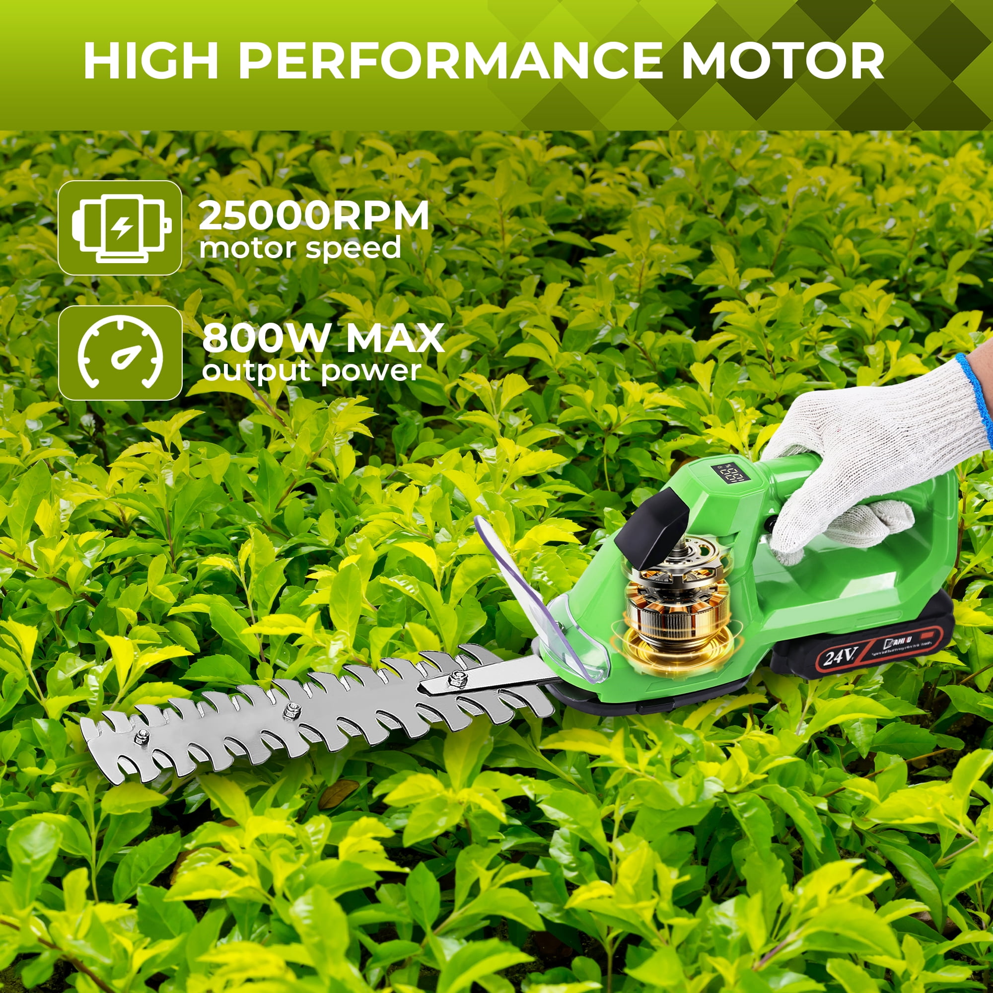 HOTREE Cordless Hedge Trimmer, Grass Shear, 2-in-1 25000 RPM, Battery Level Indicator, for Shrubs, Gardens, Patios, and Lawns
