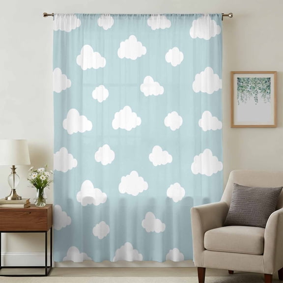 Clouds Sheer Curtains 54 Inches Long, Cartoon Blue Sky Minimalist Aesthetic Light Filering Curtains, Breathable Simi Curtain Privacy Drapes for Kitchen Bathroom Lightweight Small Window Treatment