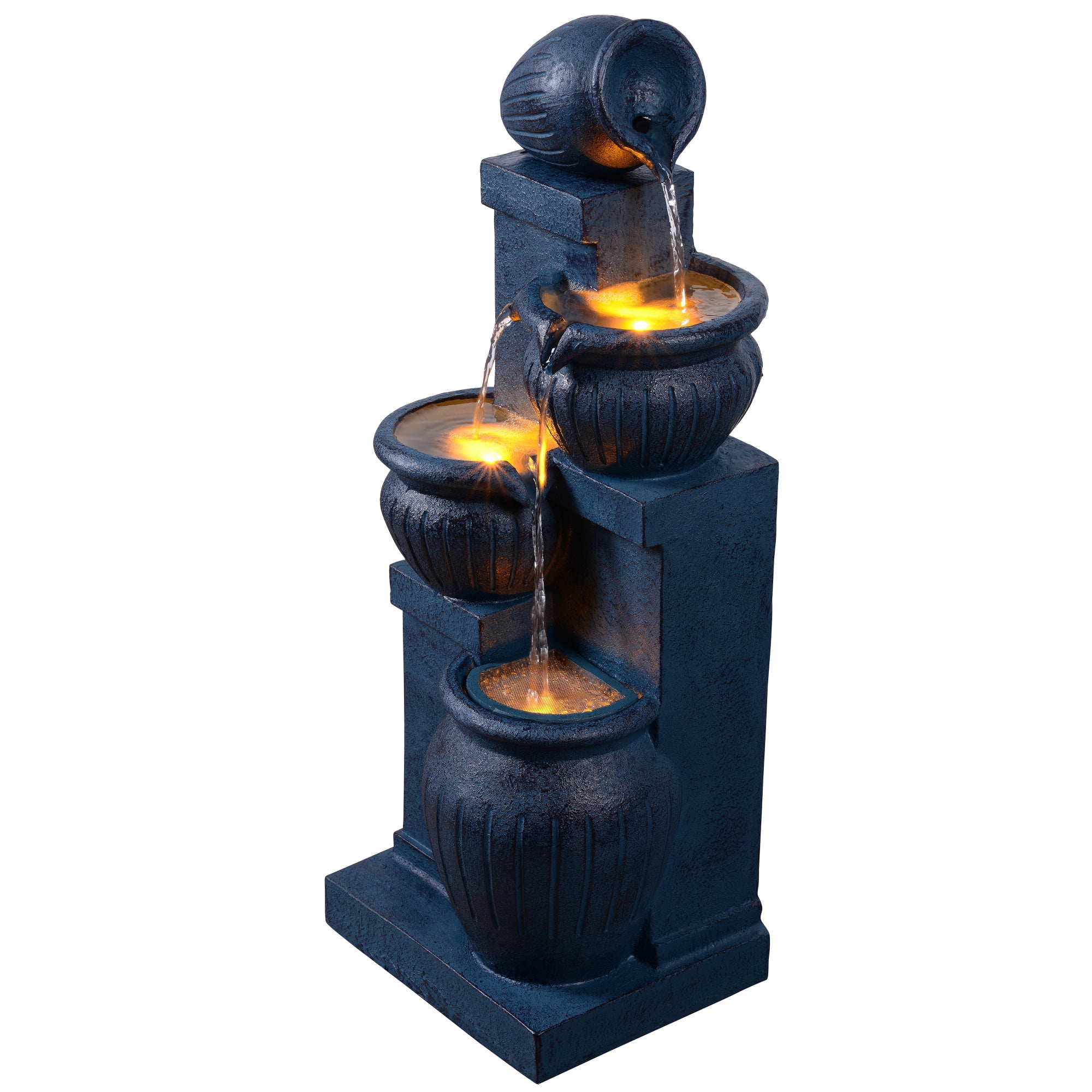 Teamson Home Outdoor 4-Tier Cascading Bowl Water Fountain with LED Lights, Solar-Powered & Adjustable Flow Rate, Navy