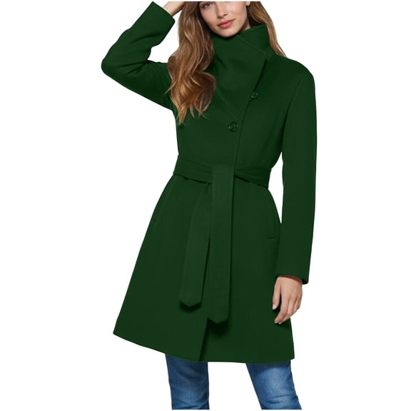qucoqpe Women's 2025 Winter Fashion Solid Long Sleeve Pea Coats Causal Woollen Windproof Outwears Button Up Pocketed Long Jackets with Waist Belt