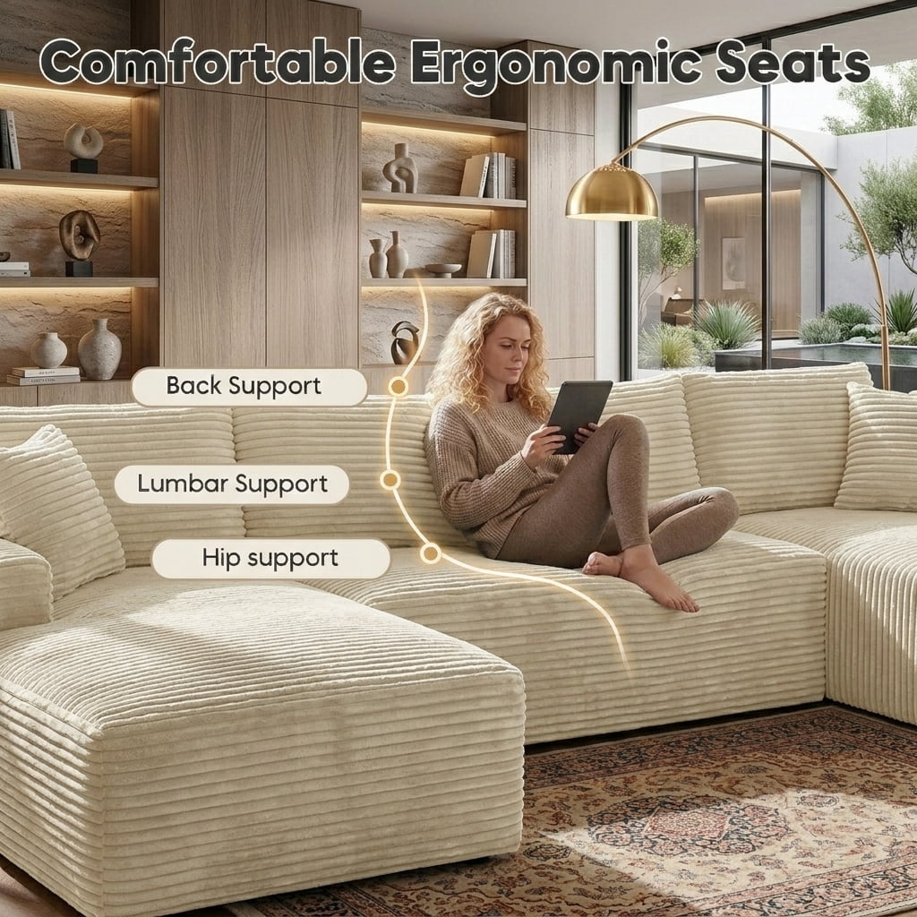 Howcool 134" Modular Cloud Couch, U-Shaped Sectional Sofa with Double Chaise, Oversized Deep Seat Boneless Corduroy Sofa with Cup Holders & Side Pockets, No Assembly Required, Beige