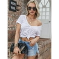 thumbnail image 3 of Women Fashion Deep V-Neck Short Sleeve Tops Solid Casual Loose Basic T Shirt, 3 of 5