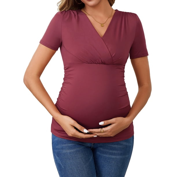 Blusa de lactancia de verano para mujeres INSPIRE CHIC, con cuello en V, manga corta, tops para embarazo, camisetas fruncidas, talla X-Large, roja