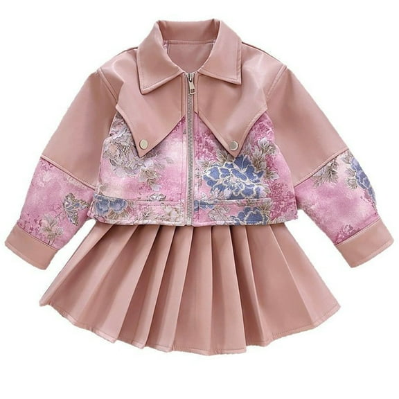 Utlike 2 Pcs School Outfits For Girls Soft Leather Jacket With Pleated Skirt Long Sleeve Kids Autumn Matching Outfits For Girl Size 2 Years-3 Years Pink