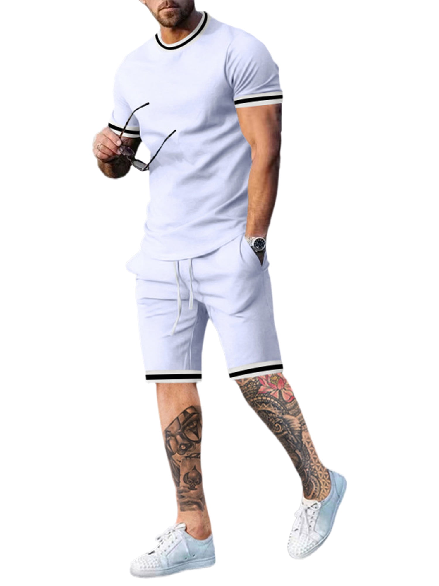 Glonme Men Tshirt+Shorts Outfit Short Sleeve Outfits Crew Neck Tops