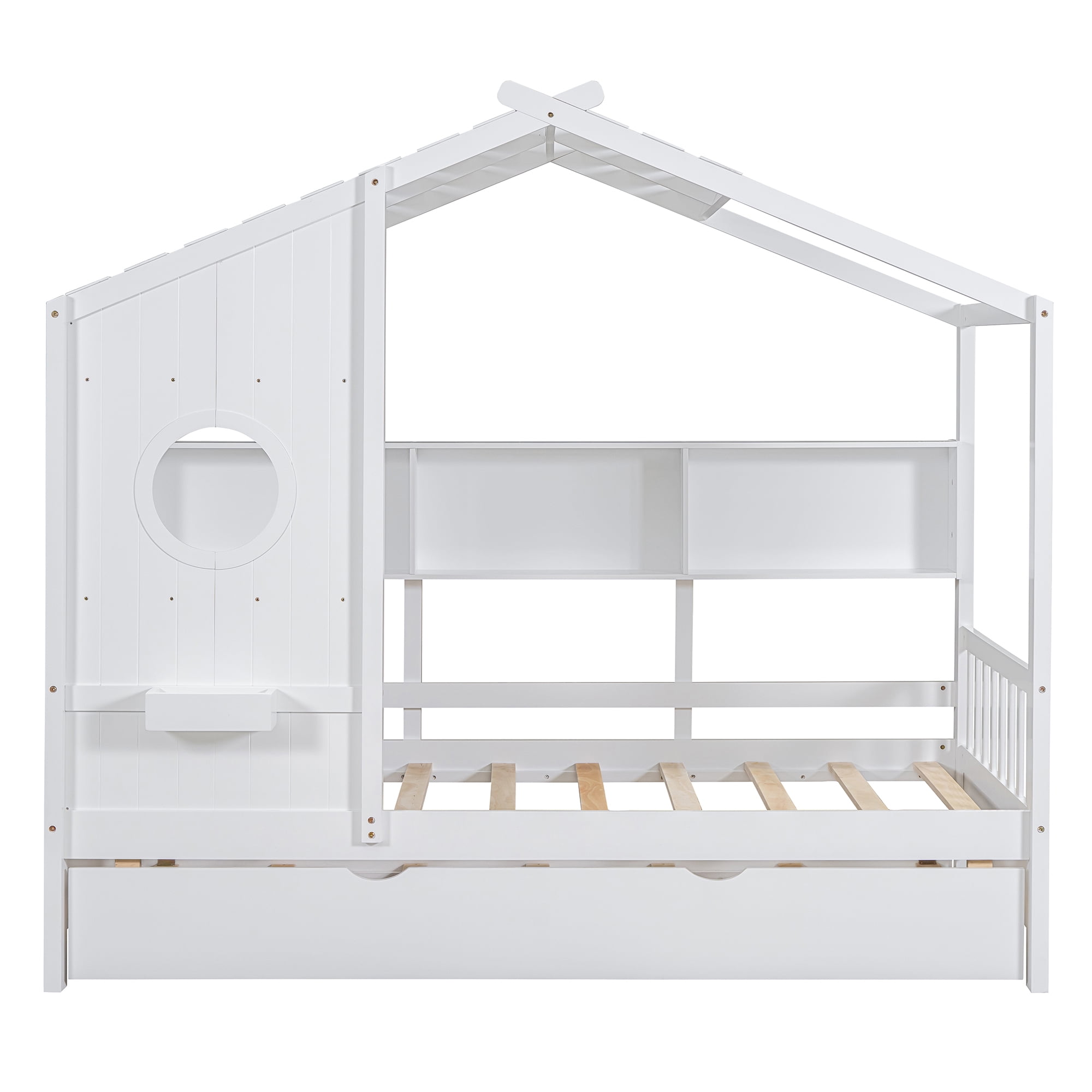 Harper & Bright Designs Wooden Twin Size House Bed Frame with Trundle and Storage Shelves, House-Shaped Beds with Roof and Window Design for Girls Boys Bedroom, White