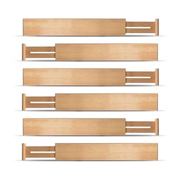 Open Box Bambusi Bamboo Kitchen Drawer Dividers Organizers - Set of 6 Spring Loaded Adjustable Drawer Separators for Home and Office Organization