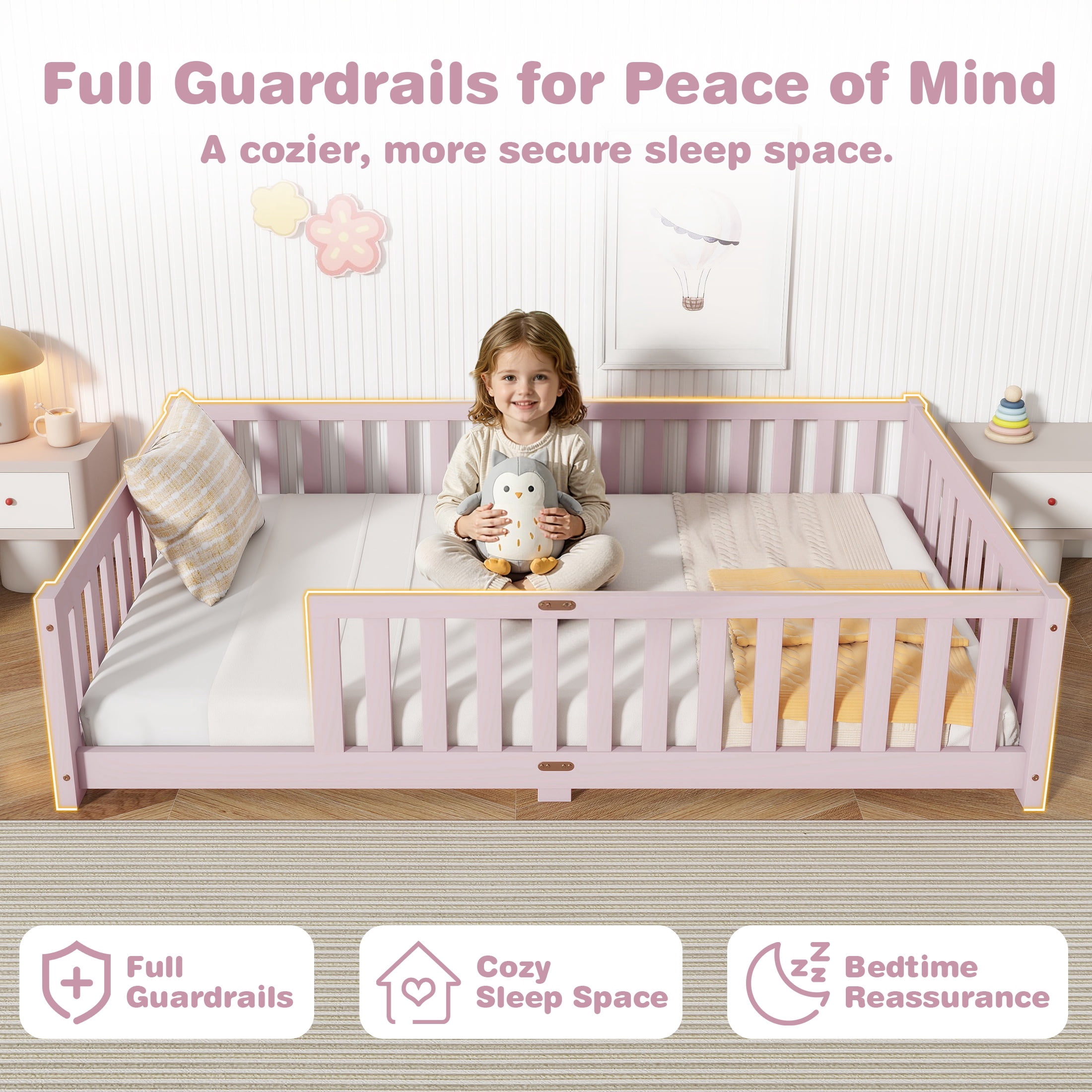 Sesslife Twin Montessori Floor Bed, Wood Twin Size Floor Bed Frame with Safety Guardrails and Slats, Low Profile Toddler Bed for Kids Boys and Girls, No Box Spring Needed, Pink