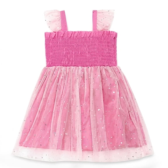NIPAXO Girls Dress Starry Sky Tulle Flutter Sleeve Strap Metallic Silver Star Moon Foil Print Layered Mesh Smocked Sundress for Toddler Girls Age 4-5 Years