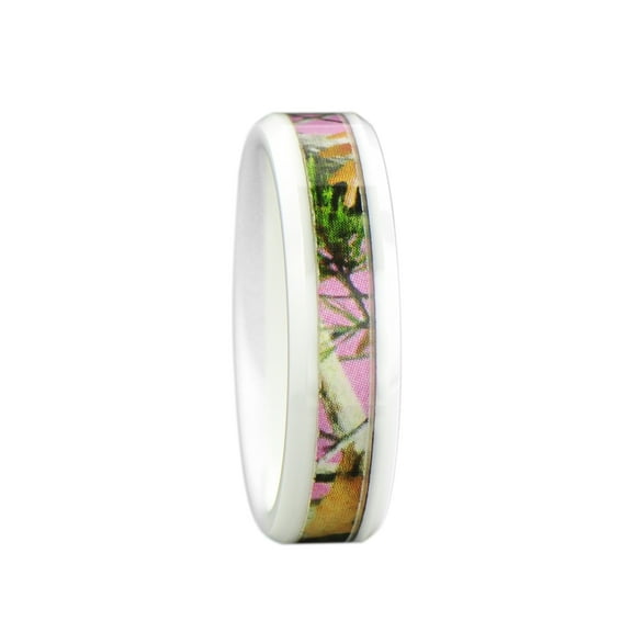 Women's Camo Wedding Band Ring Pink/Green 6mm White Ceramic