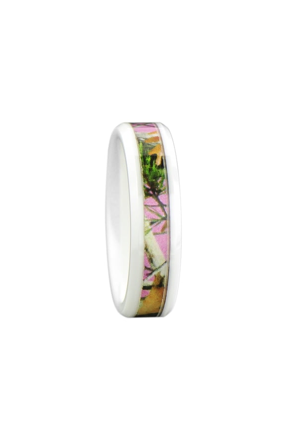 Women's Camo Wedding Band Ring Pink/Green 6mm White Ceramic