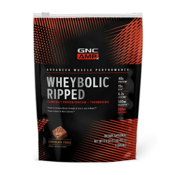 GNC AMP Wheybolic Ripped Clinically Proven Protein Powder & Thermogenic Protein Supplement, Chocolate Fudge, Increases Muscle Strength & Size, Calorie Burn, Energy & Endurance, Caffeine, 40g Protein,