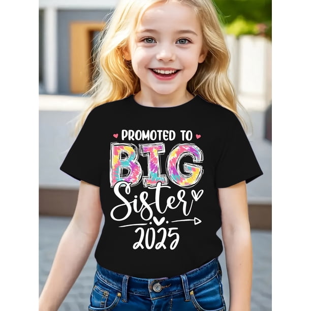 Camiseta de manga corta de verano para niña de MILKYSHIP: "Promoted to Big Sister 2025", estampado de letras brillantes, top de punto informal rosa, 100 % algodón, cuello redondo, Re