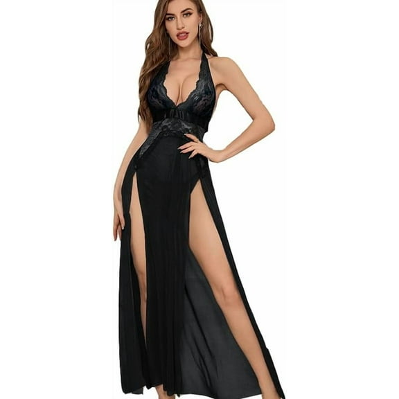 Women’s Deep V Long Dress Halter Sexy Lace Dress Mesh Perspective Sheer Dresses Fancy Club High Split Dress Skirt