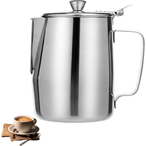 Stainless Steel Milk Frothing Pitcher with Lid – Dishwasher Safe Latte Art Jug, Ergonomic Handle, Barista Approved for Home & Cafe