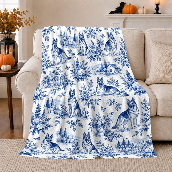Chinoiserie German Shepherd Dog Garden Scene, Festive Pet Portrait Pattern, Warm Flannel Blanket for Living Room and Reading Nook, Dog Lovers Friendship Gift, Pet Lover Home Decor
