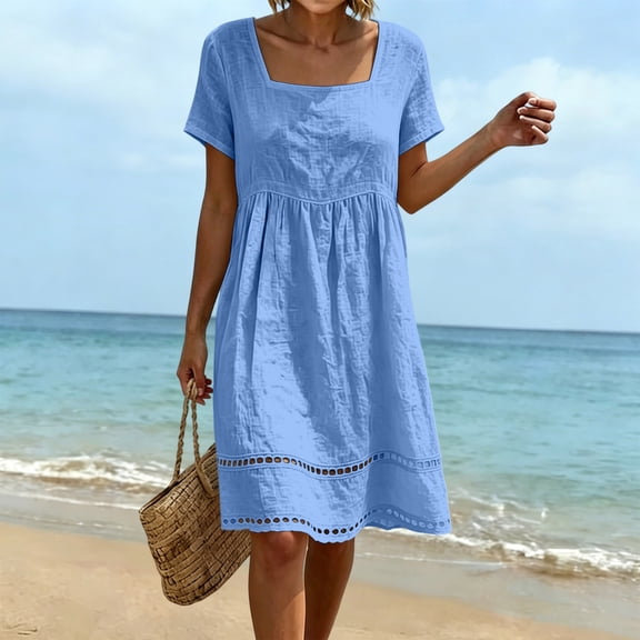 QUNYINEY Blue Summer Dresses for Women 2026 Plus Size Cotton Linen Midi Short Sleeve A Line Dress Casual Loose Fit Square Neck Pleated Dresses
