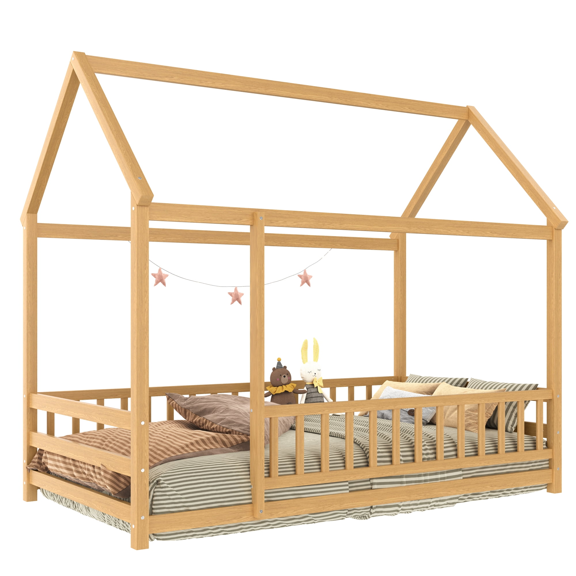 Leumius Twin Size Floor Bed with House Roof Frame, Fence Guardrails Montessori Floor Bed for Boys Girls Natural
