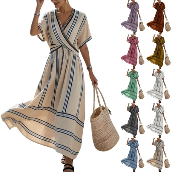 Womens V-Neck Wrap Maxi Dress Casual Striped Short Sleeve Boho Dress Summer Beach Vacation Sundress