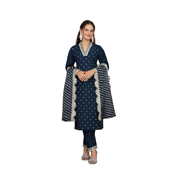 Yashika Women's Silk Blend Table Kurta Pant Set with Mal Cotton Digital Print Dupatta and Embroidery Work Suitable for Every Indian Occasion - Indian Ethnic Traditional Wear Kurta Set