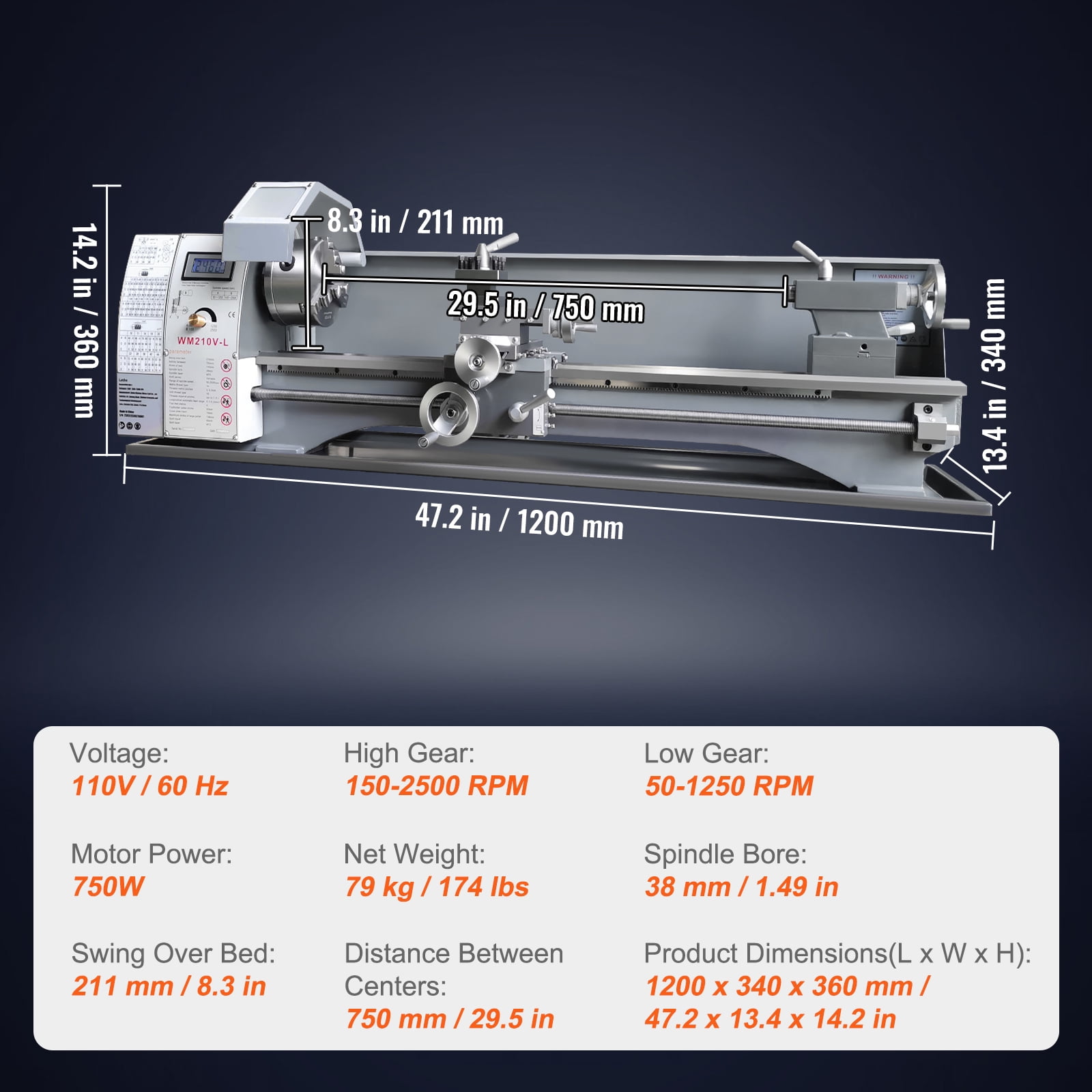 SKYSHALO Benchtop Metal Lathe, 8.3'' x 29.5'', designed for precise metalworking. Features a 0-2500 RPM variable speed, 750W brushless motor, and durable metal gears. Includes a tool box.