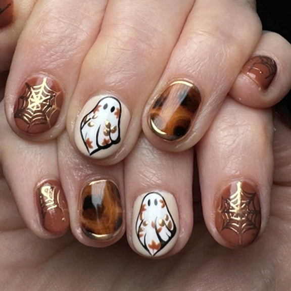 Gothic Type Faux Nails Short Oval ABS Matte Finish Halloween Spiderweb Design Press On Nails For Women Party