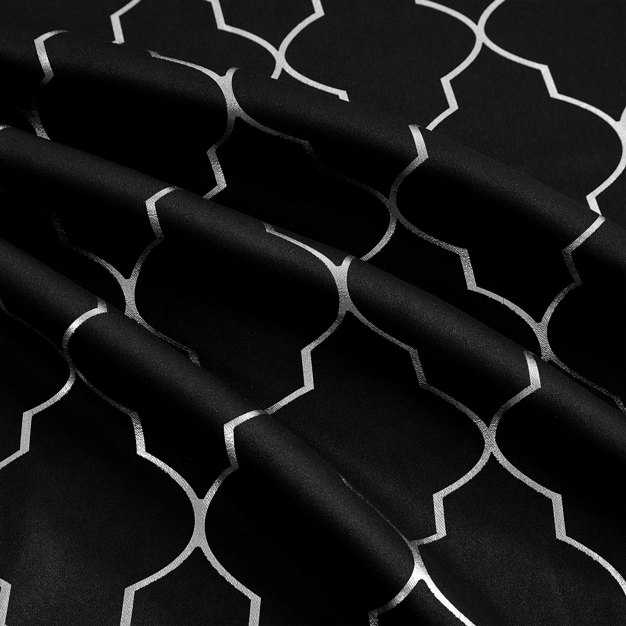 Bohogeo 84 Inches Full Blackout Window Curtain Panels for Bedroom Living Room,Silver Geo Metallic Moroccan Printed Pattern on Black Drapes,Modern Room Darkening Window Treatment,52" Wx84 L(Pack of 2)