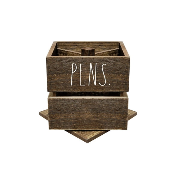 Rae Dunn Porte-Crayon - Porte-Stylo en Bois Organisateur de Bureau - Petit Caddy en Bois Rustique pour Accessoires et Fournitures de Bureau - Organisation pour Maison, École, Classe, Travail - Carré Brun Foncé