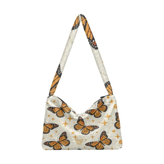 DIXRUYEE Brown Monarch Butterflies Print Plush Shoulder Bag Soft Faux Fluffy Hobo Tote Bag With Zipper Closure Casual Lightweight Crossbody Handbag