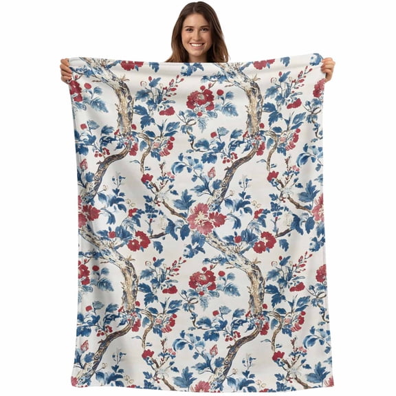 Blue Red Botanical Blanket Soft Cozy Warm Throw Blanket for Couch, Plush Fuzzy Flannel Fleece Blankets for Sofa, Summer Watercolor Flower Branch Plant Bed Blankets Lightweight Gifts for Men, 30"x40"