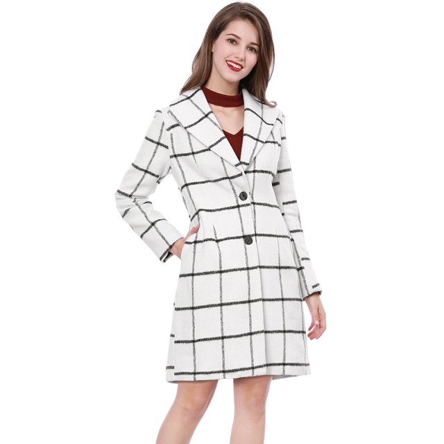 Abrigo De Cuadros Bolsillos De Costura Cuello Reversible Para Mujer - Blanco/S Unique Bargains Abrigo