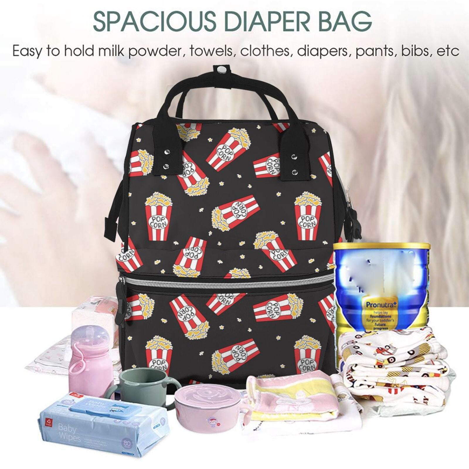 Ratiio Popcorn Mummy Backpack - Waterproof Twill Canvas, Large Capacity Diaper Bag with Multiple Pockets and Adjustable Straps