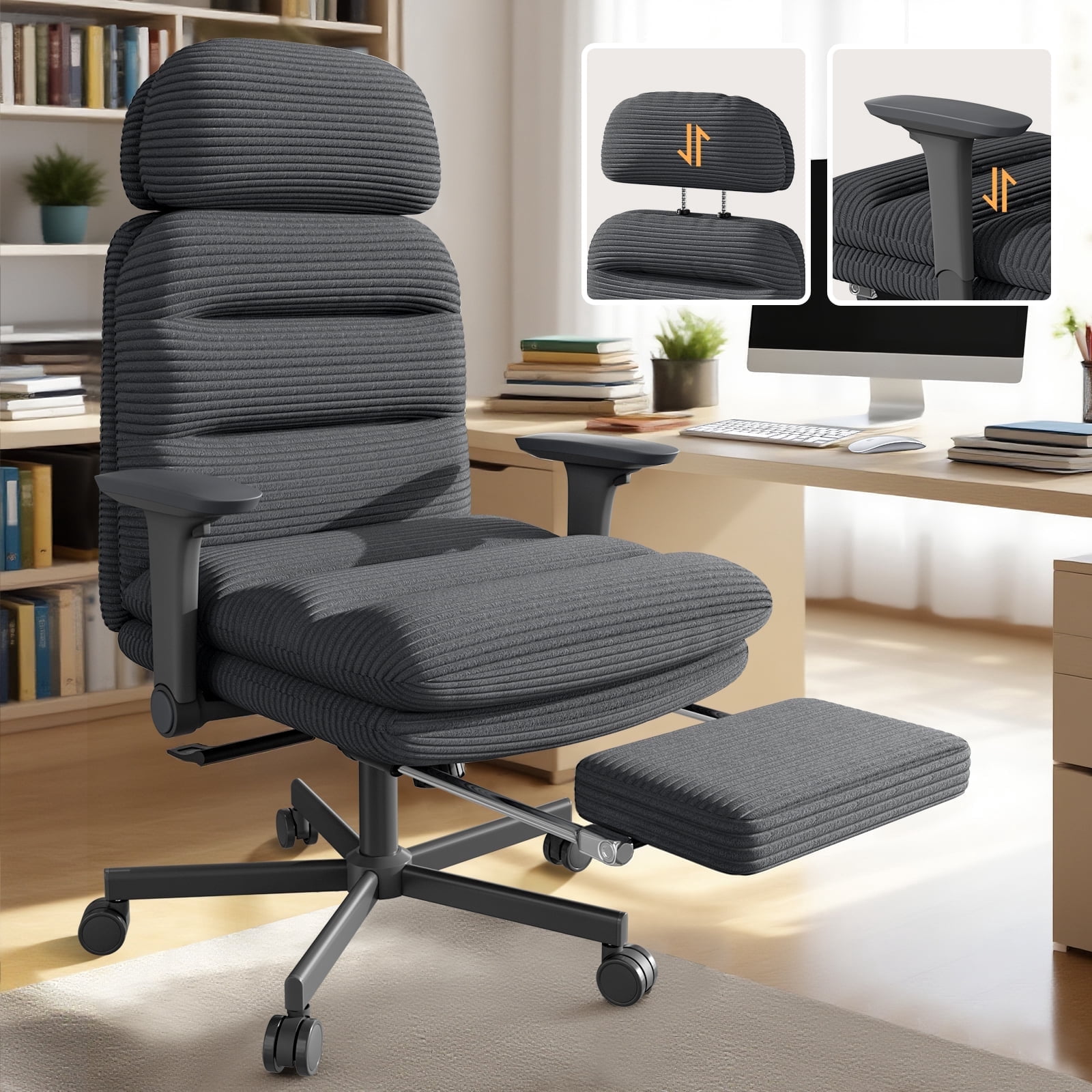 Genpo Criss Cross Chair with Wheels & Flip-up Arms, Executive Office Chair with Foot Rest, Swivel Cross Legged Office Chair, Black Corduroy Fabric Comfy Computer Desk Chair, Vanity Chair for Home