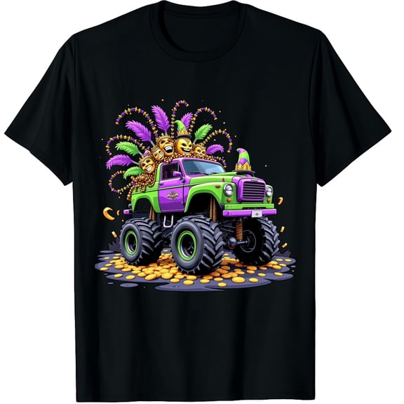Mardi Gras Monster Truck Mask FeathersGraphic Crew Neck Short Sleeve T-Shirts (Men's, Women's)