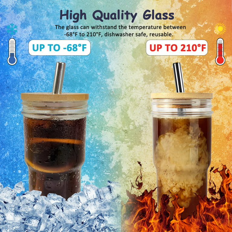 4 Pack Glass Cups with Lids and Straws, Reusable Bubble Tea Cup