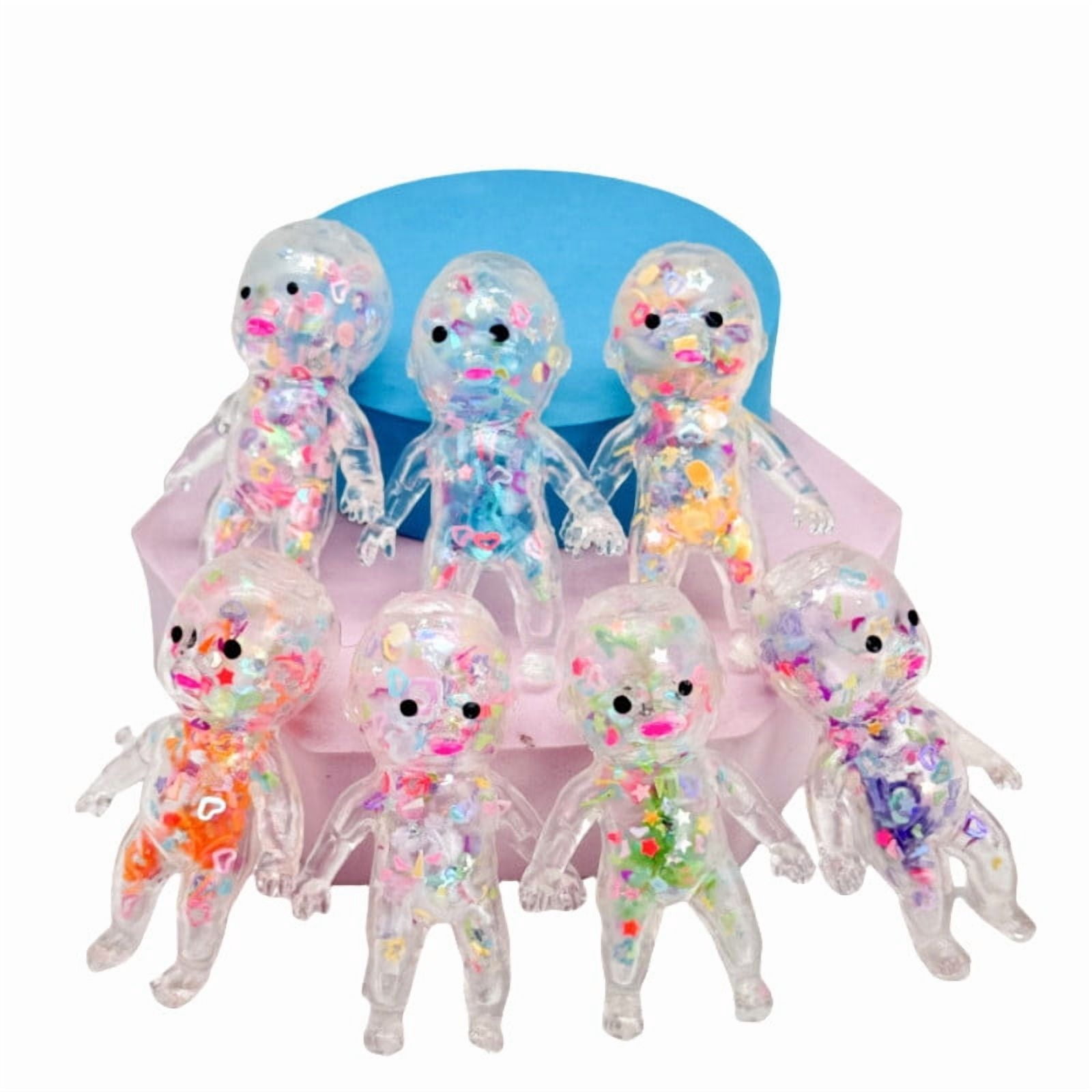10Pcs Glitter Decompression Toy, Usloyux Glitter Little Character DecompressionToy, Squeeze TPR Sequin Figurine with Q-Bounce Texture, Stress Relief Fidget SensoryToysforKidsAdults Anxiety, Desk