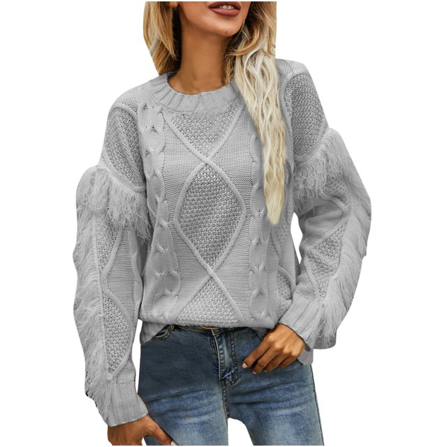 Pompotops Pull-Over Tricoté Mode Grande Taille à Manches Longues à Franges Col Rond pour Femmes