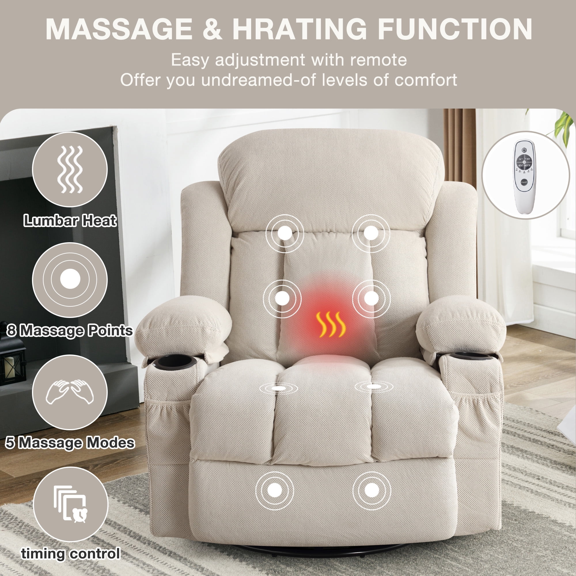 Segmart Swivel Recliner Chair with Massage & Heat Pad, 360° Rotating Sofa Chair with USB Port, Cup Holders & Storage Pockets,Soft Velvet Fabric Lounge Chair for Living Room,Beige