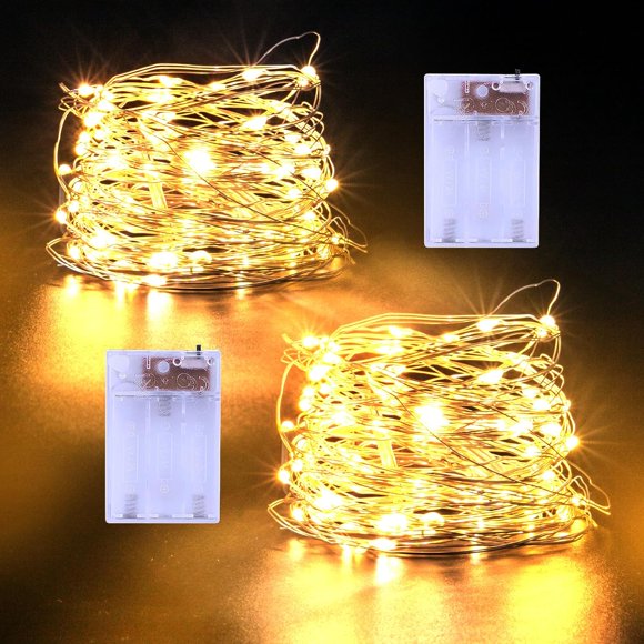 Guirlandes Lumineuses à Piles, Lot de 2 33 Pieds 100 LED Guirlandes Lumineuses Scintillantes Intérieur Extérieur pour Chambre, Dortoir, Patio, Tapisserie, Arrière-Cour, Jardin, Noël, Fête