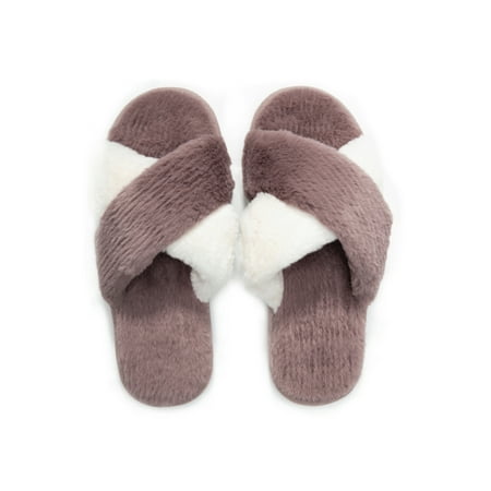 

Youloveit Women s Cross Band Slippers Soft Plush Furry Cozy Fur House Shoes Flip Flop Open Toe Indoor Outdoor Memory Foam Slippers for Winter Spring Warm Comfy Slip On