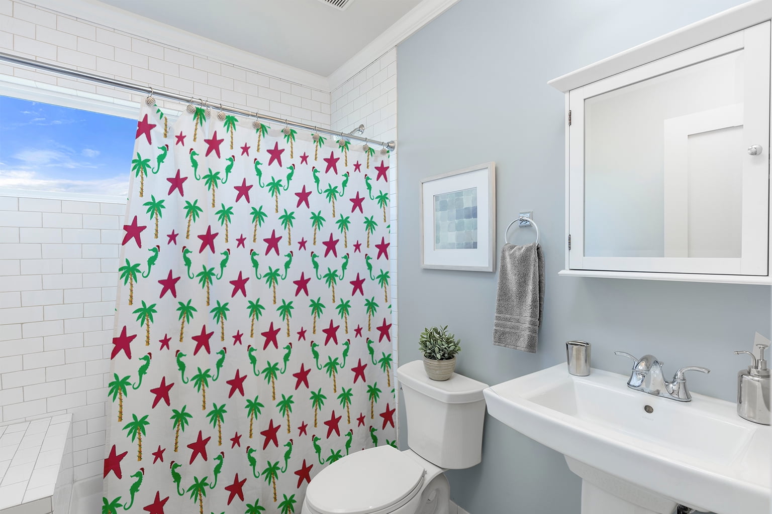 Simply Daisy 70" W x 73" L Christmas Beach Pattern Polyester Shower Curtain, Holiday Pink [1 Ct]