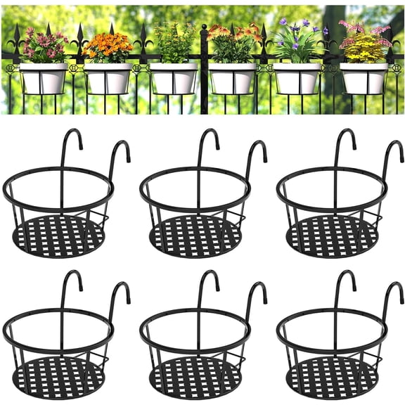Iron Hanging Plant Holder Over The Rail Metal Fence Planters, Hanging Bucket Flower Pot Holder for Patio Balcony Outdoor Plants - Pack of 6 (Black)