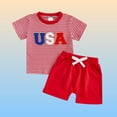 thumbnail image 2 of Toddler Boys Summer 2 Piece Outfits Casual Striped Embroidery Round Neck Short Sleeve Matching Shorts Set with Pocekts Red 6-12 Months, 2 of 8